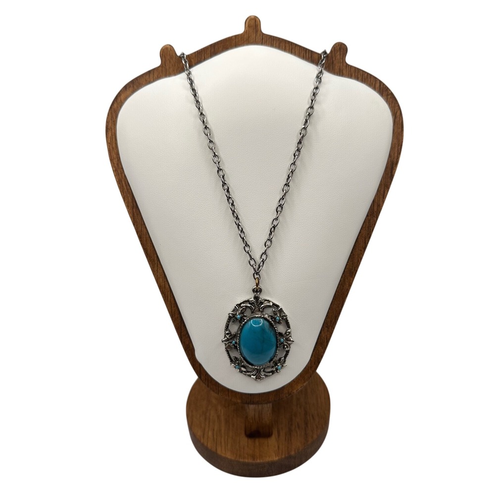 VTG Silver Tone Faux‎ Turquoise Southwestern Filigree Pendant Statement Necklace